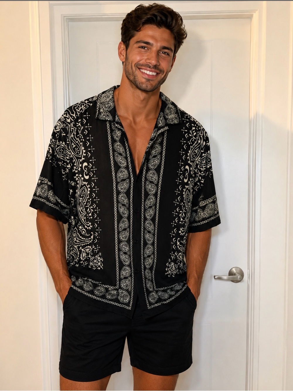 ASOS Black Bandana Print Short-Sleeve Button-Down Shirt
